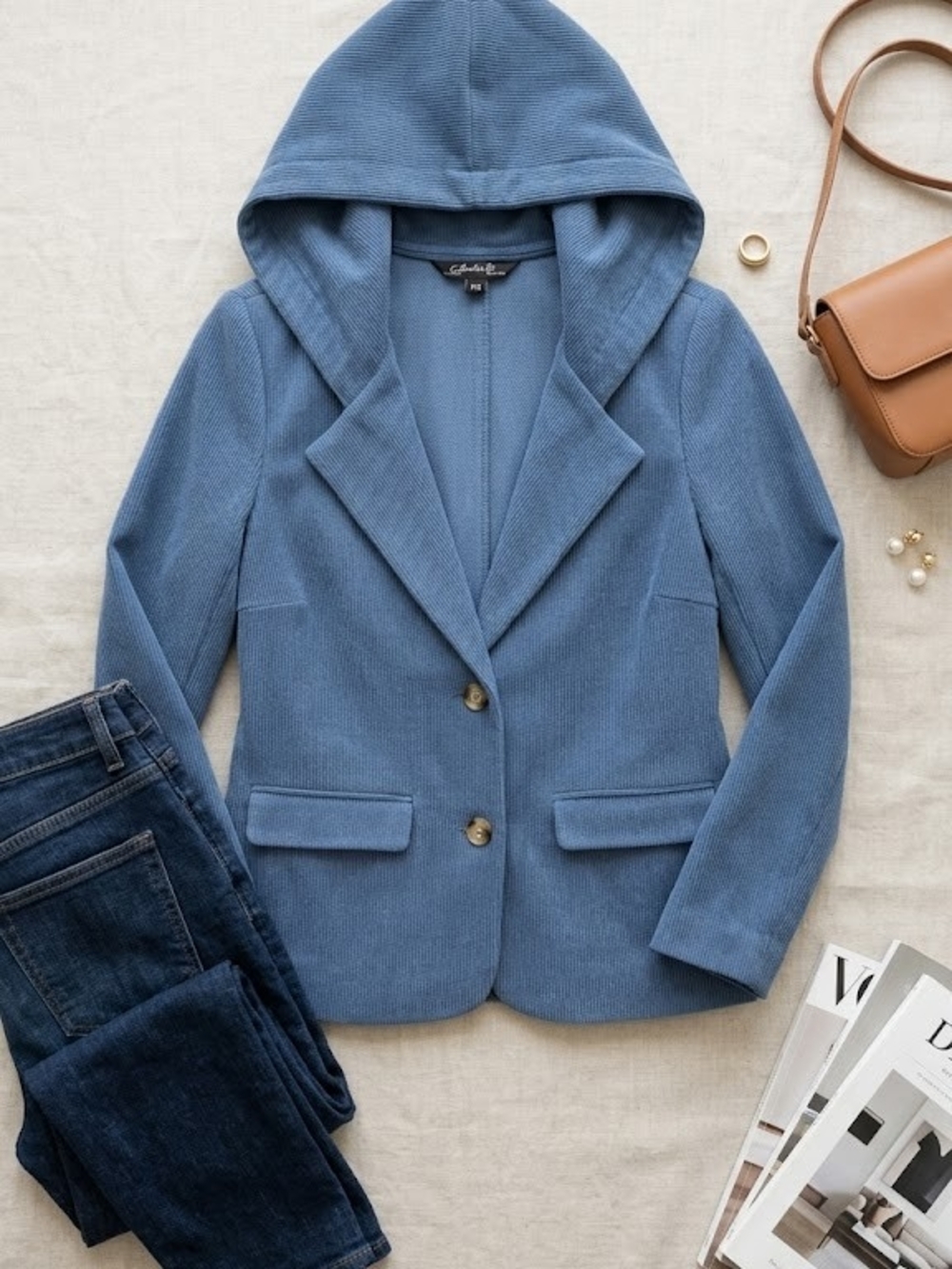 Hooded Blazer Blue Ribbed Knit Jacket Fall Layering Dark Academia Clean Girl